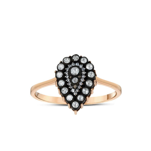 Rose gold ring with pear-shaped black and white diamond cluster design