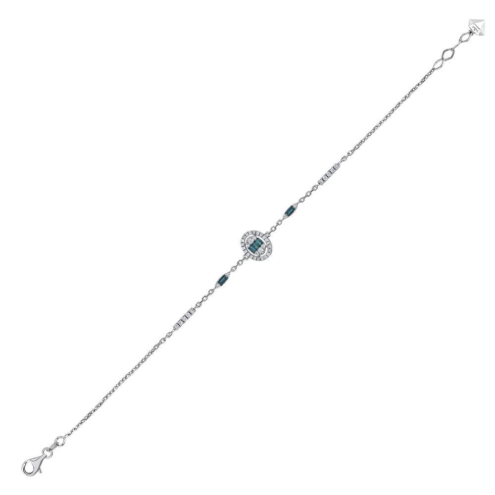 Elegant silver bracelet with deep blue gemstones and clear diamond accents on white background